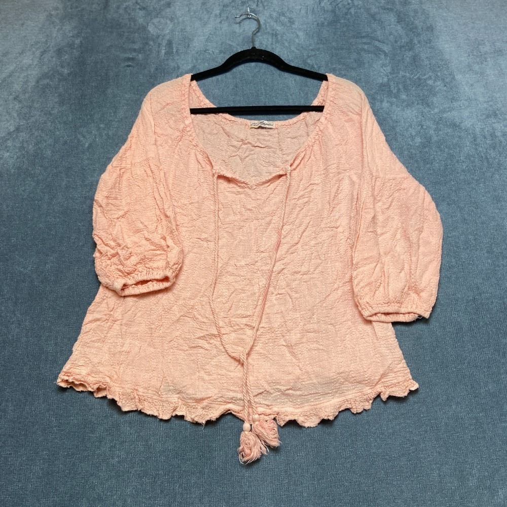 Two Apples Blouse Top Womens M Peach Puff Sleeves Tie Neck Lightweight Outdoor